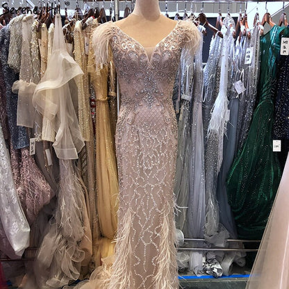 Champagne Luxury V-Neck Sexy Mermaid Evening Dresses 2025 Diamond Feathers Sleeveless Formal Dress Serene Hill LA70350 - SERENE HILL