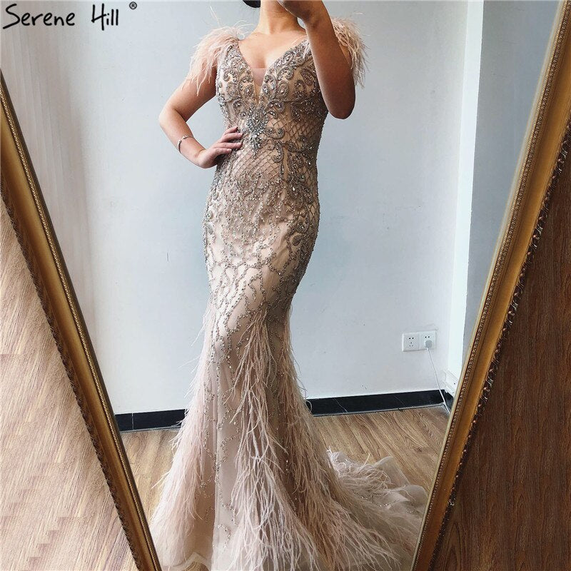 Champagne Luxury V-Neck Sexy Mermaid Evening Dresses 2025 Diamond Feathers Sleeveless Formal Dress Serene Hill LA70350 - SERENE HILL