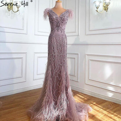 Champagne Luxury V-Neck Sexy Mermaid Evening Dresses 2025 Diamond Feathers Sleeveless Formal Dress Serene Hill LA70350 - SERENE HILL