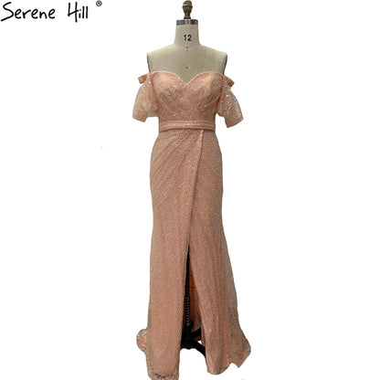 Champagne Short Sleeves Sexy Elegant Cocktail Dress Mermaid Split Cocktail Party Gowns 2025 Serene Hill LA70736S - SERENE HILL