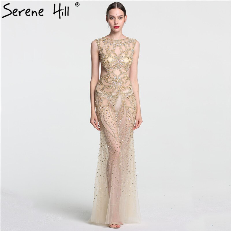 On Sale no return no refundSale Champagne Transparent Sexy Mermaid Evening Dress Sleeveless Sequined Tulle Evening Gowns 2025 Serene Hill LA6156 - SERENE HILL