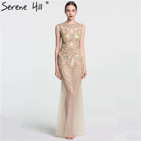 On Sale no return no refundSale Champagne Transparent Sexy Mermaid Evening Dress Sleeveless Sequined Tulle Evening Gowns 2025 Serene Hill LA6156