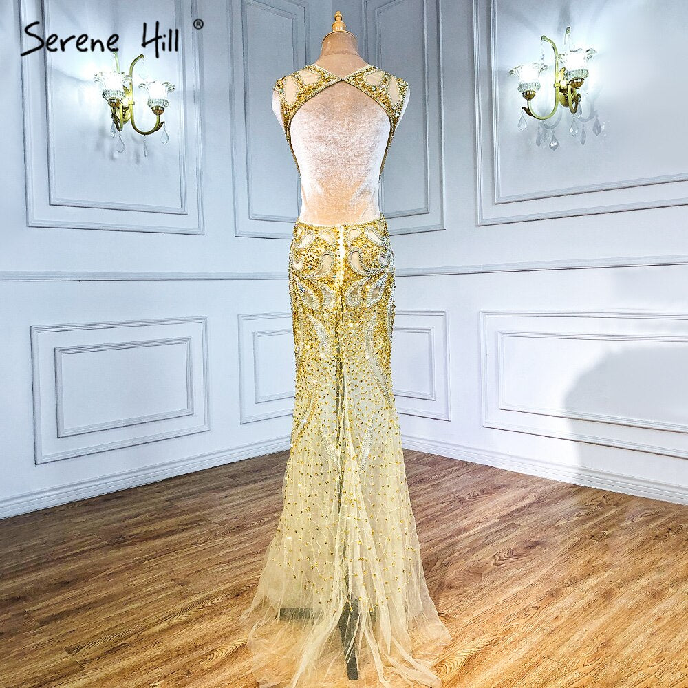 On Sale no return no refundSale Champagne Transparent Sexy Mermaid Evening Dress Sleeveless Sequined Tulle Evening Gowns 2025 Serene Hill LA6156 - SERENE HILL