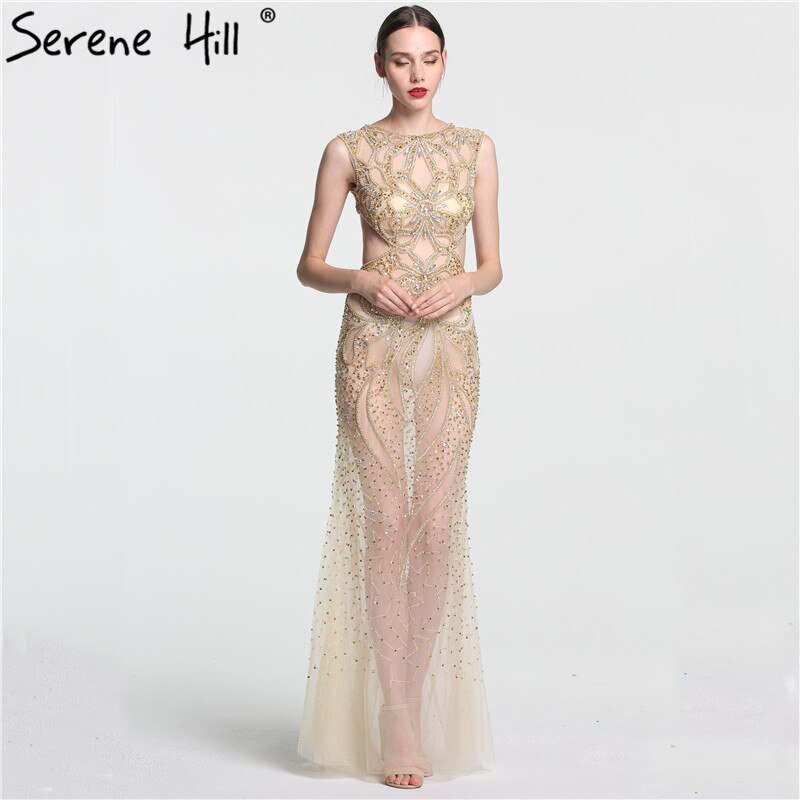 On Sale no return no refundSale Champagne Transparent Sexy Mermaid Evening Dress Sleeveless Sequined Tulle Evening Gowns 2025 Serene Hill LA6156 - SERENE HILL