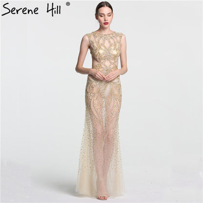 On Sale no return no refundSale Champagne Transparent Sexy Mermaid Evening Dress Sleeveless Sequined Tulle Evening Gowns 2025 Serene Hill LA6156 - SERENE HILL