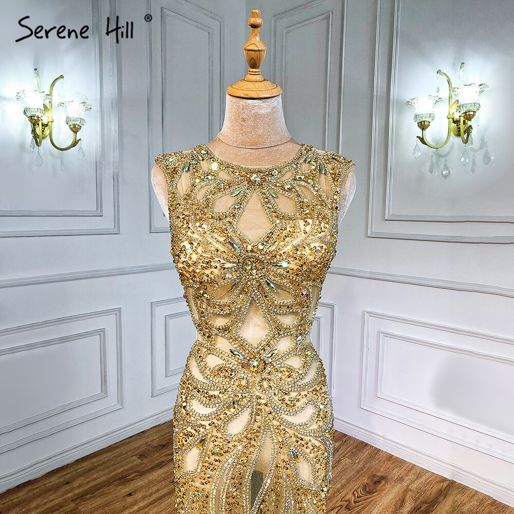 On Sale no return no refundSale Champagne Transparent Sexy Mermaid Evening Dress Sleeveless Sequined Tulle Evening Gowns 2025 Serene Hill LA6156 - SERENE HILL