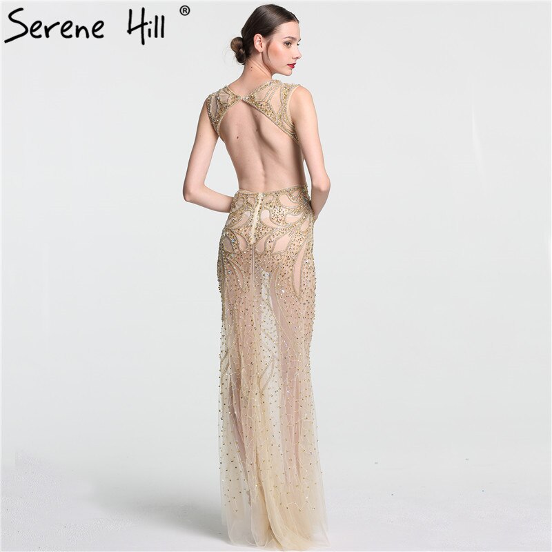 On Sale no return no refundSale Champagne Transparent Sexy Mermaid Evening Dress Sleeveless Sequined Tulle Evening Gowns 2025 Serene Hill LA6156 - SERENE HILL
