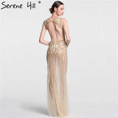 On Sale no return no refundSale Champagne Transparent Sexy Mermaid Evening Dress Sleeveless Sequined Tulle Evening Gowns 2025 Serene Hill LA6156 - SERENE HILL
