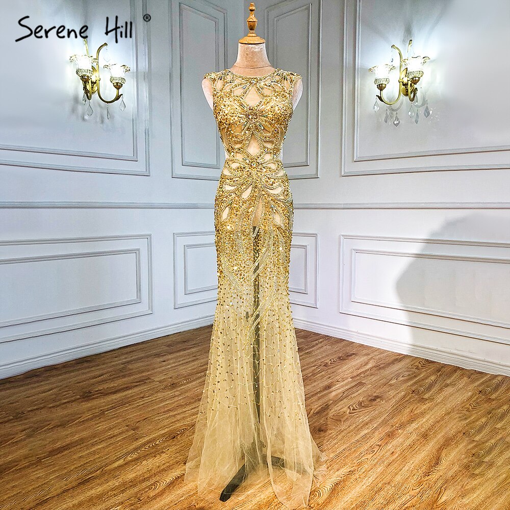 On Sale no return no refundSale Champagne Transparent Sexy Mermaid Evening Dress Sleeveless Sequined Tulle Evening Gowns 2025 Serene Hill LA6156 - SERENE HILL