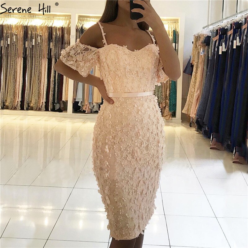 On Sale no return no refundSale Champange Short Sleeves Sexy Elegant Cocktail Dress Handmade Flowers Crystal Cocktail Party Gowns 2025 Serene Hill LA60730 - SERENE HILL