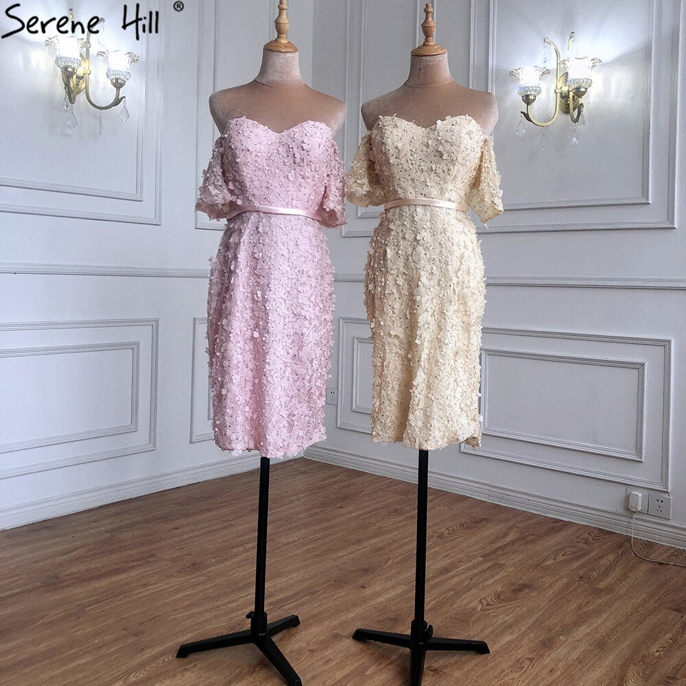 On Sale no return no refundSale Champange Short Sleeves Sexy Elegant Cocktail Dress Handmade Flowers Crystal Cocktail Party Gowns 2025 Serene Hill LA60730 - SERENE HILL