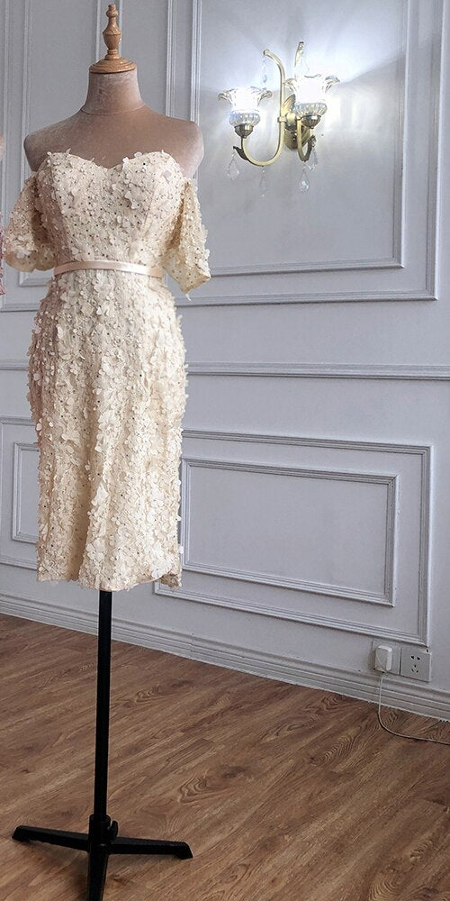 On Sale no return no refundSale Champange Short Sleeves Sexy Elegant Cocktail Dress Handmade Flowers Crystal Cocktail Party Gowns 2025 Serene Hill LA60730 - SERENE HILL
