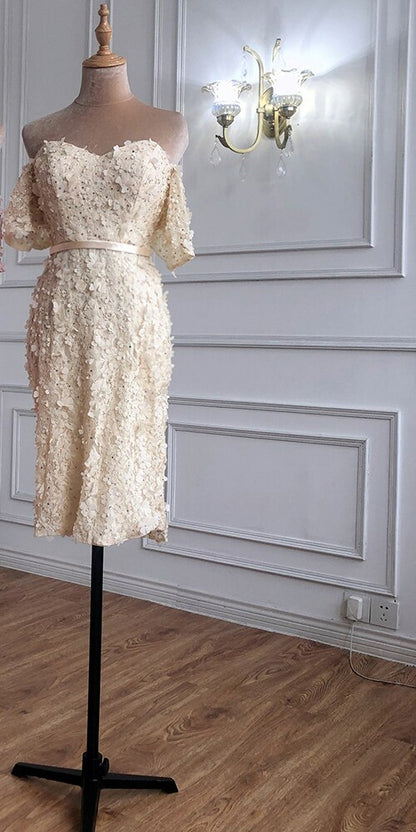 On Sale no return no refundSale Champange Short Sleeves Sexy Elegant Cocktail Dress Handmade Flowers Crystal Cocktail Party Gowns 2025 Serene Hill LA60730 - SERENE HILL