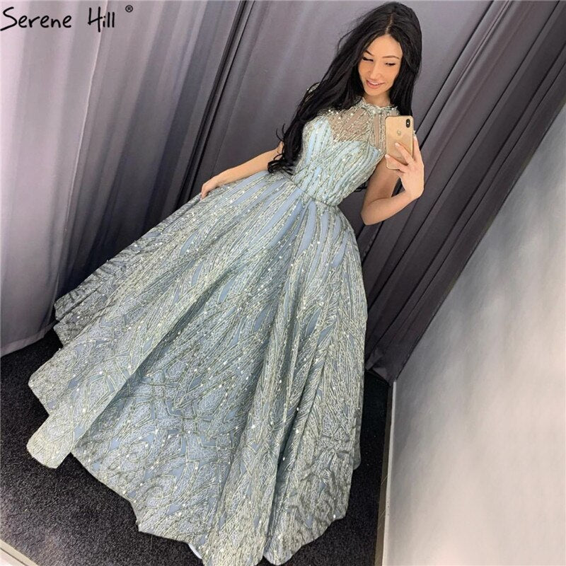 Clear Water Blue High Collar Evening Dresses 2025 Short Sleeve Lace Sequined Bridal Gowns Design Real Photo HM66981 - SERENE HILL