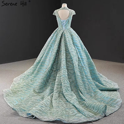 Clear Water Blue High Collar Evening Dresses 2025 Short Sleeve Lace Sequined Bridal Gowns Design Real Photo HM66981 - SERENE HILL