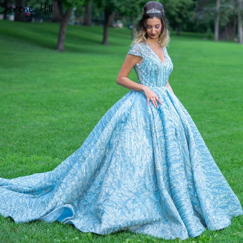 Clear Water Blue High Collar Evening Dresses 2025 Short Sleeve Lace Sequined Bridal Gowns Design Real Photo HM66981 - SERENE HILL