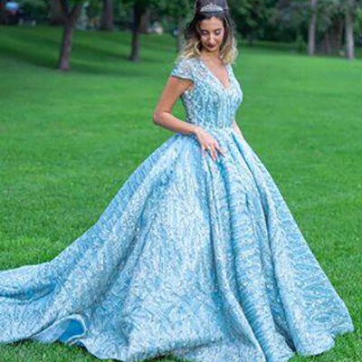 Clear Water Blue High Collar Evening Dresses 2025 Short Sleeve Lace Sequined Bridal Gowns Design Real Photo HM66981 - SERENE HILL