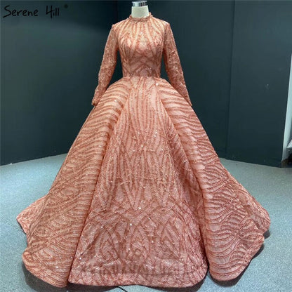 Clear Water Blue High Collar Evening Dresses 2025 Short Sleeve Lace Sequined Bridal Gowns Design Real Photo HM66981 - SERENE HILL