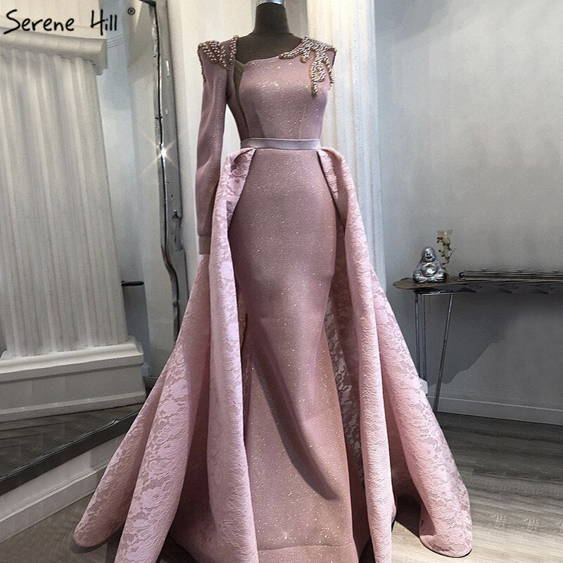 On Sale No Return No Refund Sale Du Bai Design Pink One Shoulder Evening Dresses Vintage Pearls Mermaid Sexy Gowns 2025 Real Photo LA60929 - SERENE HILL