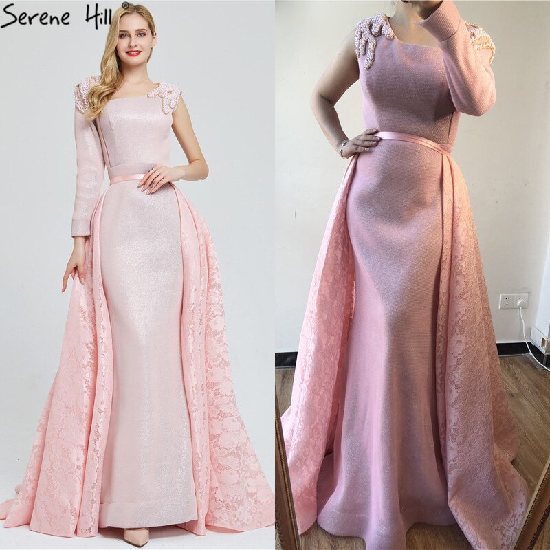 On Sale No Return No Refund Sale Du Bai Design Pink One Shoulder Evening Dresses Vintage Pearls Mermaid Sexy Gowns 2025 Real Photo LA60929 - SERENE HILL