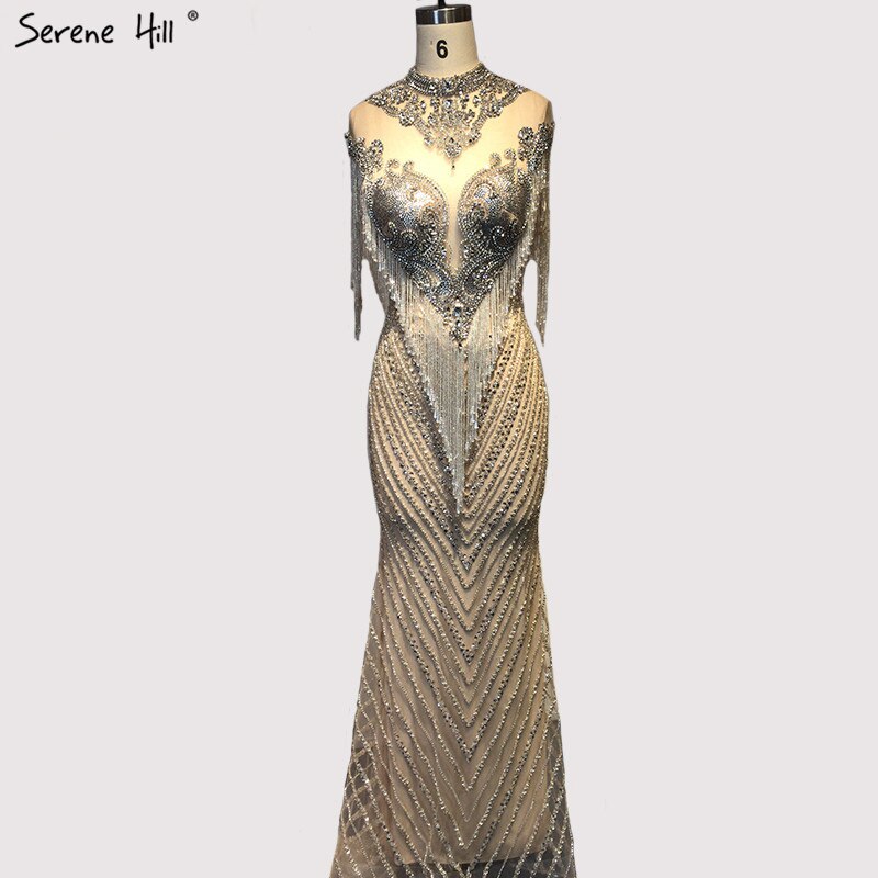 Dubai Beading Tassel Luxury Sexy Evening Dresses 2025 Silver Sleeveless High-end Evening Gowns Serene Hill LA60811 - SERENE HILL
