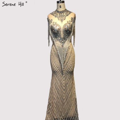 Dubai Beading Tassel Luxury Sexy Evening Dresses 2025 Silver Sleeveless High-end Evening Gowns Serene Hill LA60811 - SERENE HILL