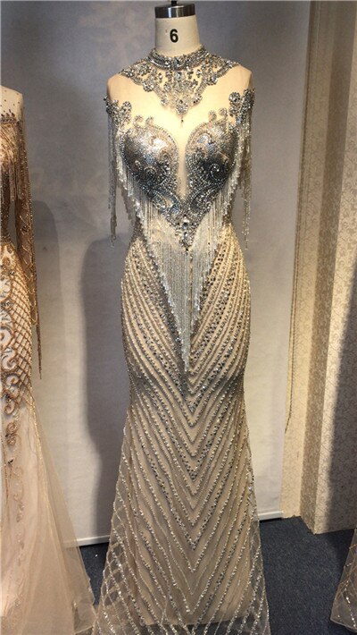 Dubai Beading Tassel Luxury Sexy Evening Dresses 2025 Silver Sleeveless High-end Evening Gowns Serene Hill LA60811 - SERENE HILL