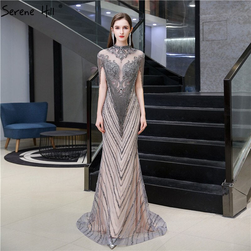 Dubai Beading Tassel Luxury Sexy Evening Dresses 2025 Silver Sleeveless High-end Evening Gowns Serene Hill LA60811 - SERENE HILL