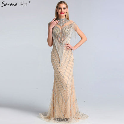 Dubai Beading Tassel Luxury Sexy Evening Dresses 2025 Silver Sleeveless High-end Evening Gowns Serene Hill LA60811 - SERENE HILL