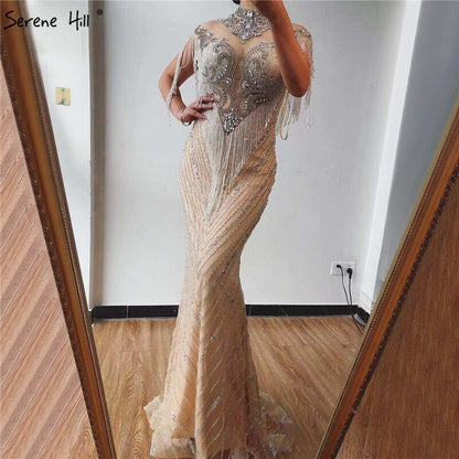 Dubai Beading Tassel Luxury Sexy Evening Dresses 2025 Silver Sleeveless High-end Evening Gowns Serene Hill LA60811 - SERENE HILL