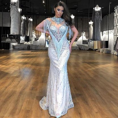 Dubai Beading Tassel Luxury Sexy Evening Dresses 2025 Silver Sleeveless High-end Evening Gowns Serene Hill LA60811 - SERENE HILL