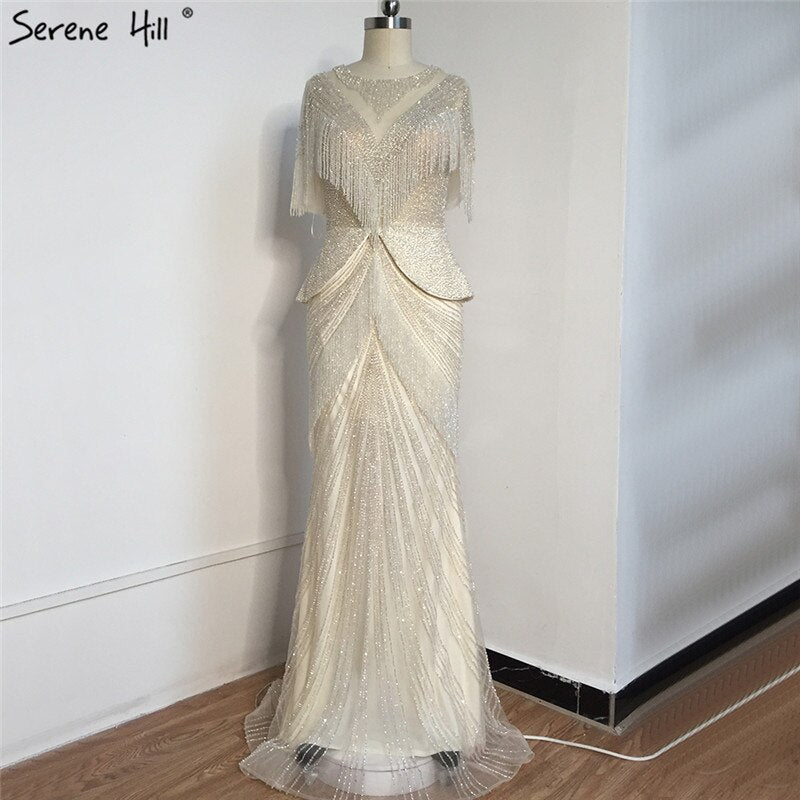 Dubai Beige Tassel Beading Mermaid Evening Dresses Design 2025 Half Sleeves Luxury Sexy Formal Dress Serene Hill LA70342 - SERENE HILL