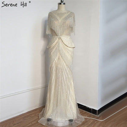 Dubai Beige Tassel Beading Mermaid Evening Dresses Design 2025 Half Sleeves Luxury Sexy Formal Dress Serene Hill LA70342 - SERENE HILL