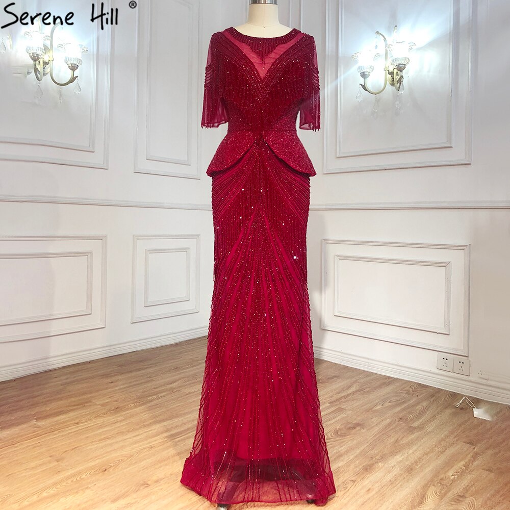 Dubai Beige Tassel Beading Mermaid Evening Dresses Design 2025 Half wine red / 2