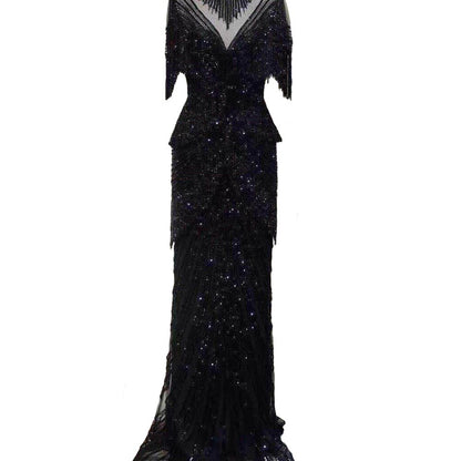 Dubai Beige Tassel Beading Mermaid Evening Dresses Design 2025 Half Sleeves Luxury Sexy Formal Dress Serene Hill LA70342 - SERENE HILL
