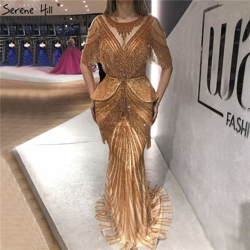 Dubai Beige Tassel Beading Mermaid Evening Dresses Design 2025 Half Sleeves Luxury Sexy Formal Dress Serene Hill LA70342 - SERENE HILL