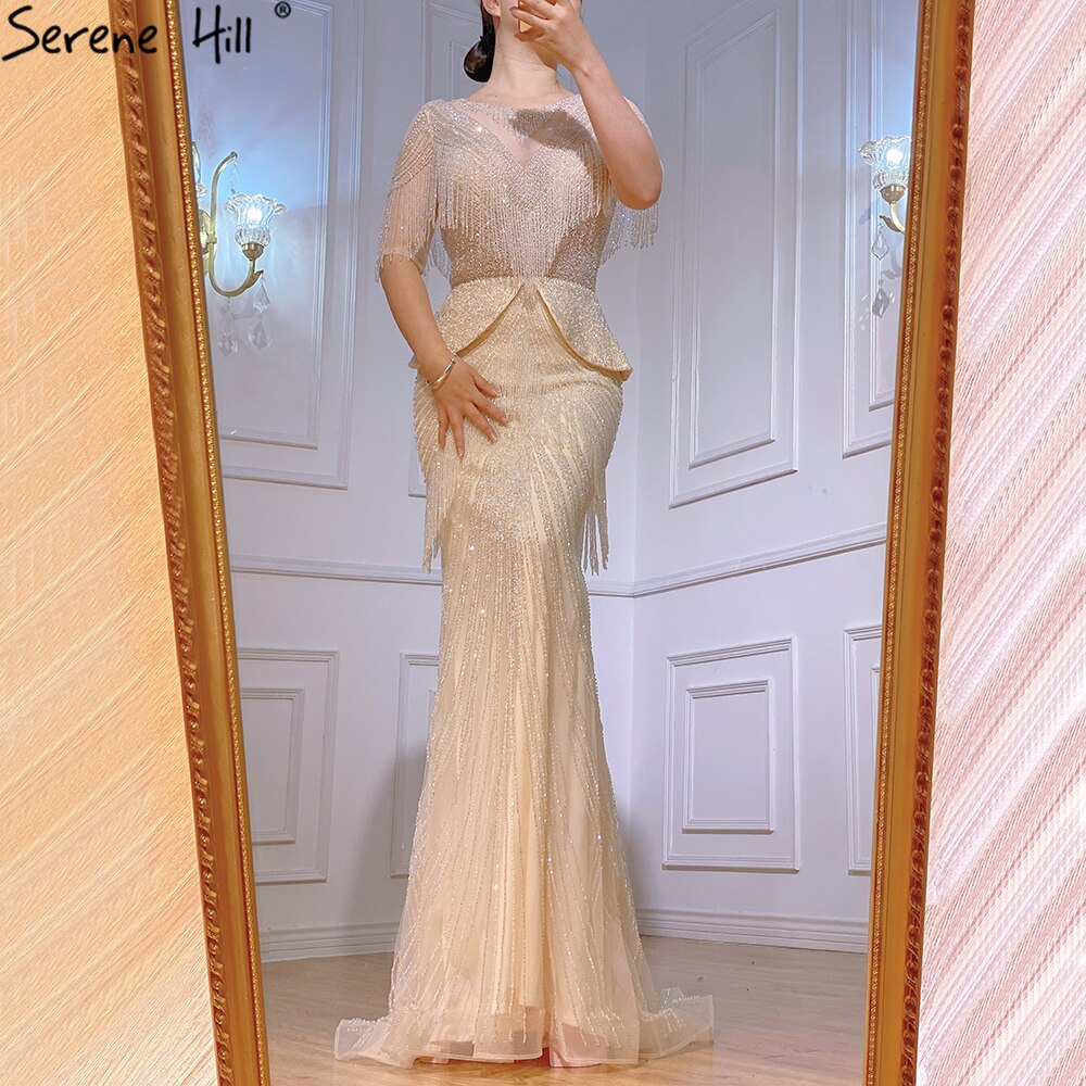 Dubai Beige Tassel Beading Mermaid Evening Dresses Design 2025 Half wine red / 2