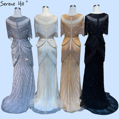 Dubai Beige Tassel Beading Mermaid Evening Dresses Design 2025 Half Sleeves Luxury Sexy Formal Dress Serene Hill LA70342 - SERENE HILL