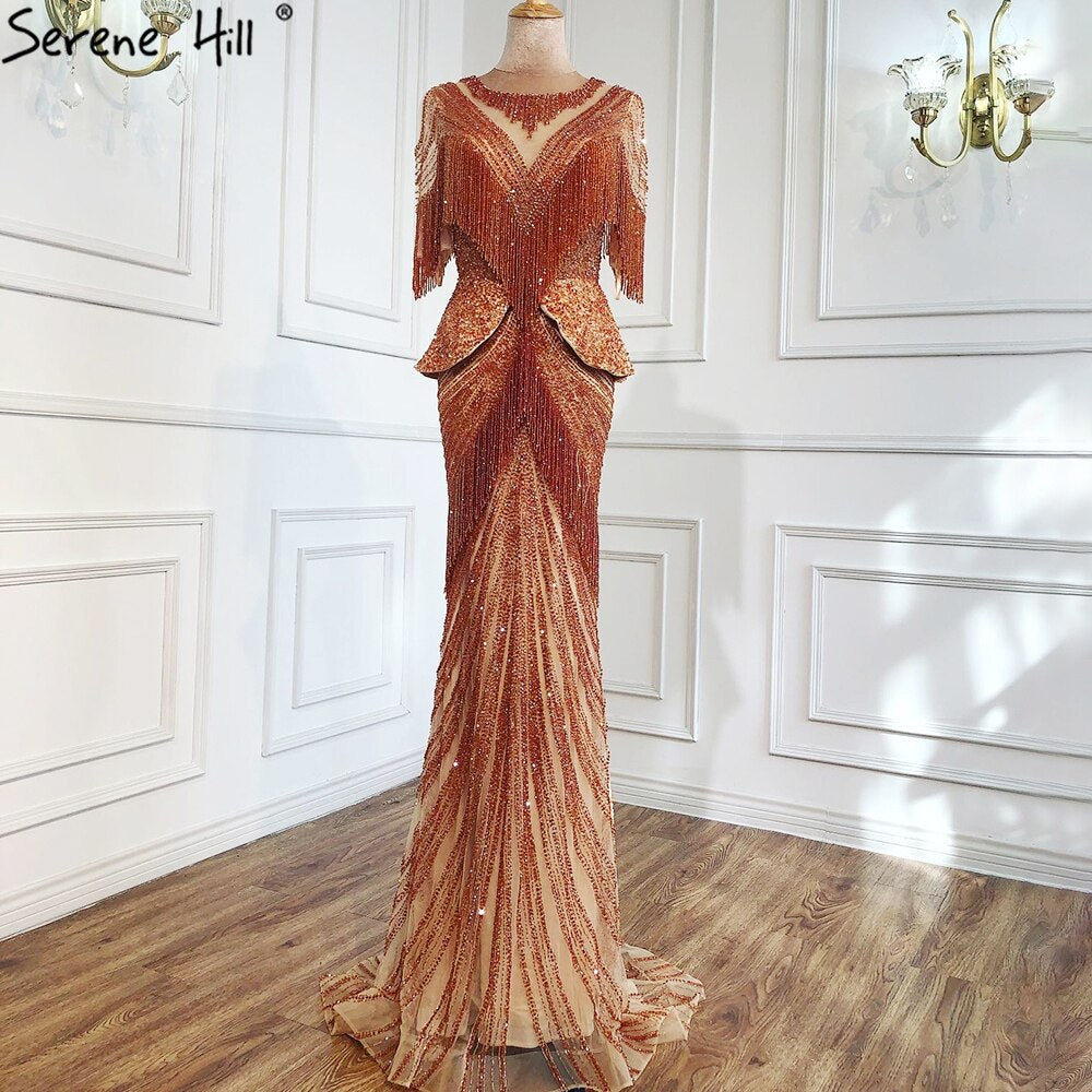 Dubai Beige Tassel Beading Mermaid Evening Dresses Design 2025 Half Sleeves Luxury Sexy Formal Dress Serene Hill LA70342 - SERENE HILL