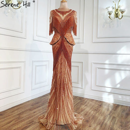 Dubai Beige Tassel Beading Mermaid Evening Dresses Design 2025 Half Sleeves Luxury Sexy Formal Dress Serene Hill LA70342 - SERENE HILL