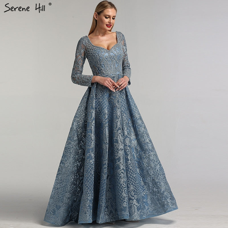 Dubai Blue Muslim Lace Beading Luxury Evening Dresses 2025 Long Plus Size Dress Evening Gowns LA60899 For Women - SERENE HILL