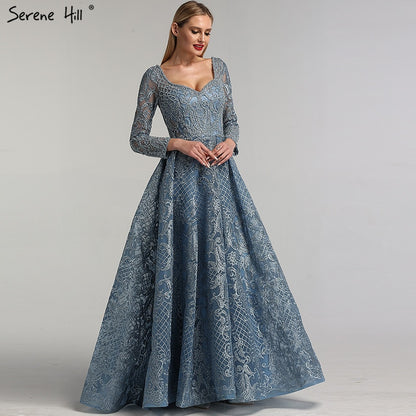 Dubai Blue Muslim Lace Beading Luxury Evening Dresses 2025 Long Plus Size Dress Evening Gowns LA60899 For Women - SERENE HILL