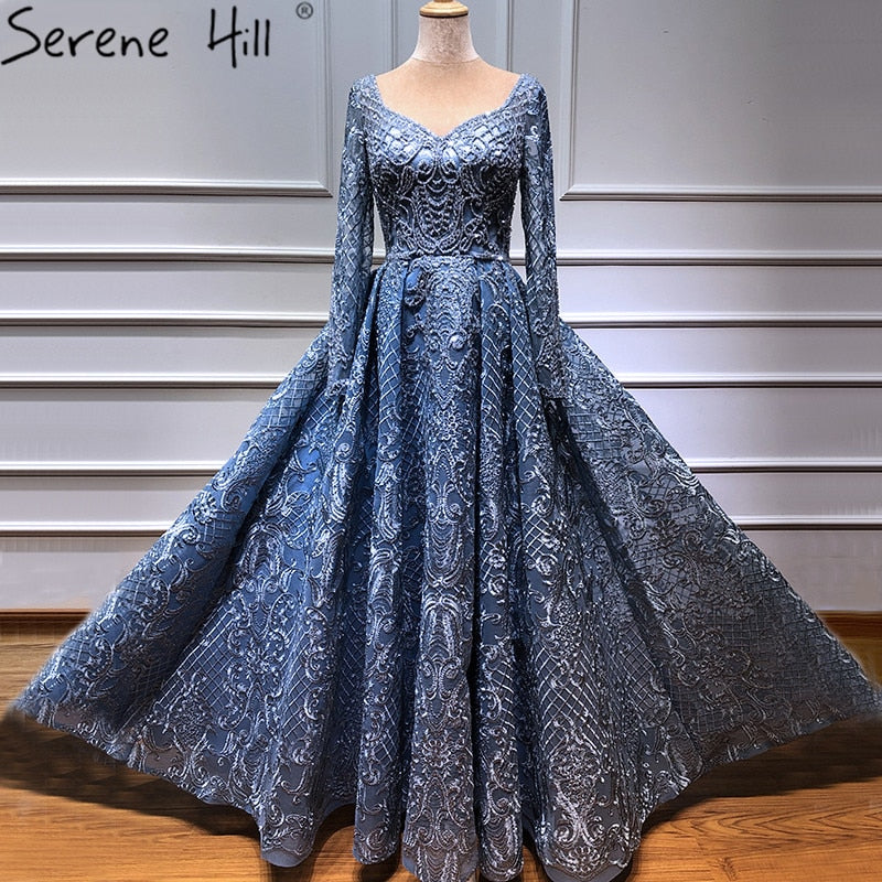 Dubai Blue Muslim Lace Beading Luxury Evening Dresses 2025 Long grey o-neck / 16