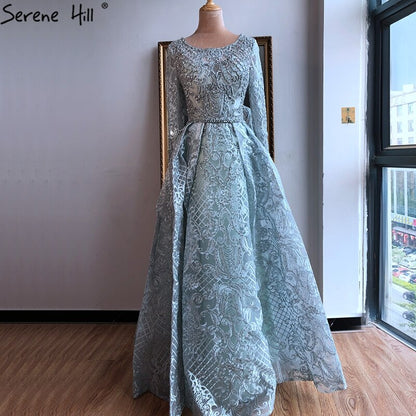 Dubai Blue Muslim Lace Beading Luxury Evening Dresses 2025 Long Plus Size Dress Evening Gowns LA60899 For Women - SERENE HILL