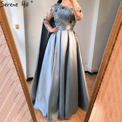 Dubai Blue O-Neck Beading Sexy Evening Dresses Design 2025 A-Line Satin Long Sleeves Formal Dress Serene Hill LA70505 - SERENE HILL