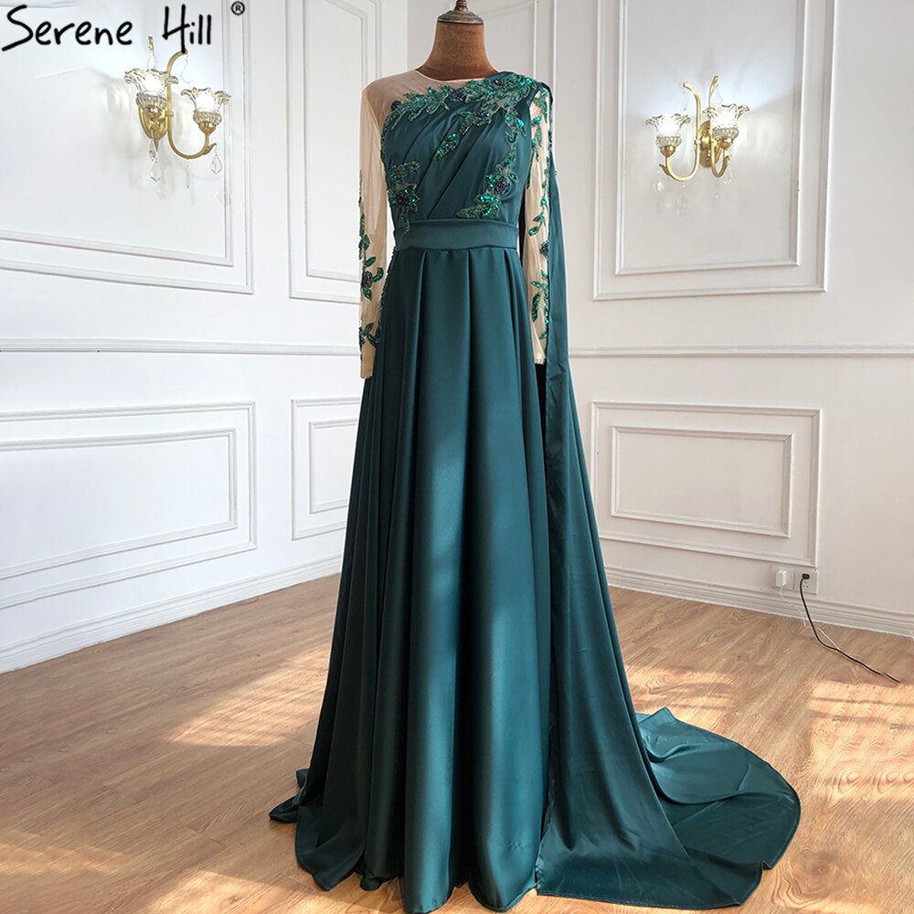 Dubai Blue O-Neck Beading Sexy Evening Dresses Design 2025 A-Line Satin Long Sleeves Formal Dress Serene Hill LA70505 - SERENE HILL