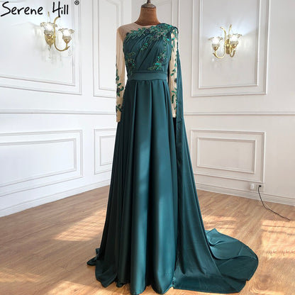 Dubai Blue O-Neck Beading Sexy Evening Dresses Design 2025 A-Line Satin Long Sleeves Formal Dress Serene Hill LA70505 - SERENE HILL
