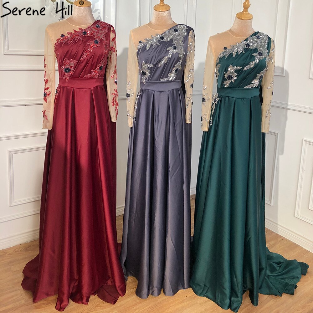 Dubai Blue O-Neck Beading Sexy Evening Dresses Design 2025 A-Line Satin Long Sleeves Formal Dress Serene Hill LA70505 - SERENE HILL