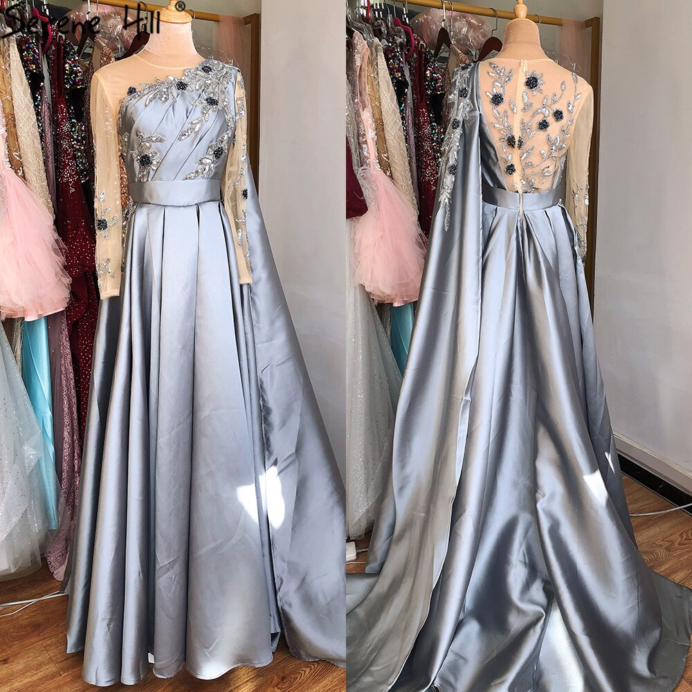Dubai Blue O-Neck Beading Sexy Evening Dresses Design 2025 A-Line Satin Long Sleeves Formal Dress Serene Hill LA70505 - SERENE HILL