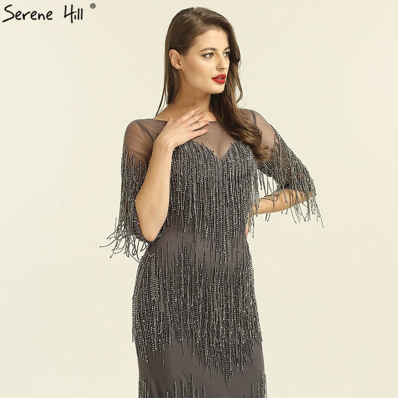 On Sale no return no refundSale Dubai Champagne Langarm Sexy Abendkleider 2025 Perlen Quaste Elegante Meerjungfrau Formale Kleid Ruhigen Hill LA6559 - SERENE HILL